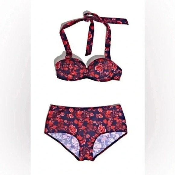 Pret-a-Surf Retro Halter Two Piece Bikini Bathing Suit in Red Blue Floral Toile - Picture 2 of 11